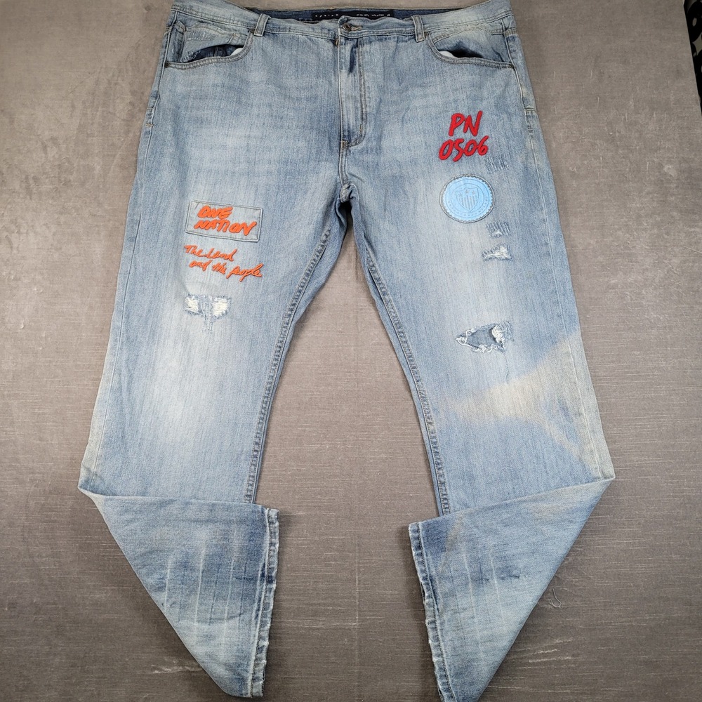 Parish Nation Jeans Mens 46 Blue Distressed Embroidered Patchwork Straight Leg